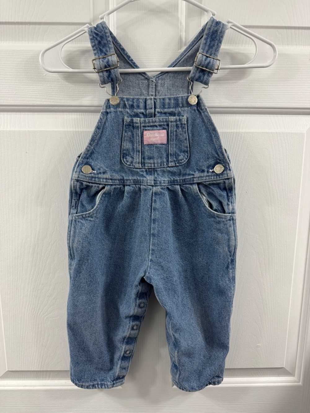 OshKosh B'gosh Classic Blue Denim Overalls with Pink Logo Patch